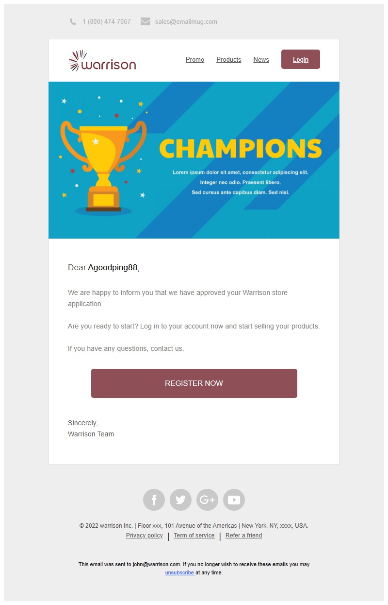EmailMug Warrison 店铺申请通过通知